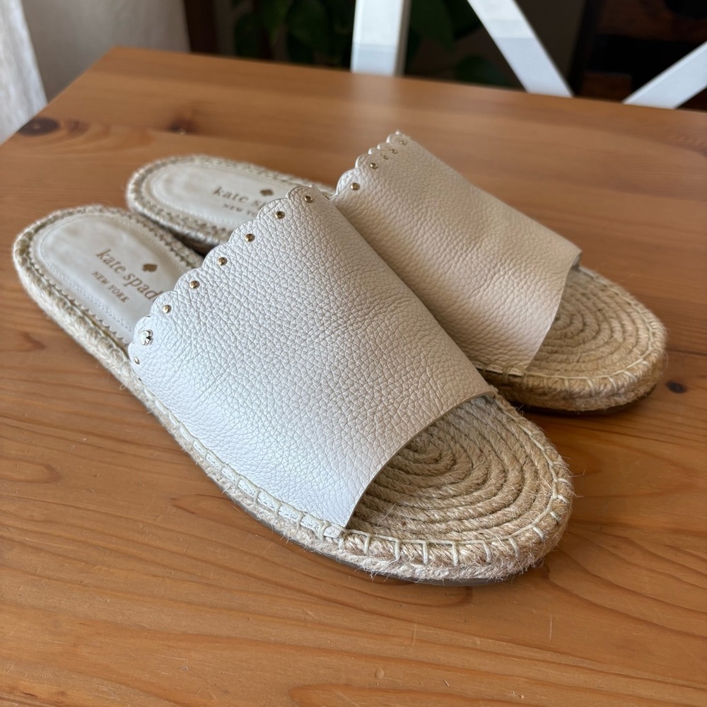 Kate Spade Giovanna Slides white leather espadrilles jute sole gold details, 8.5